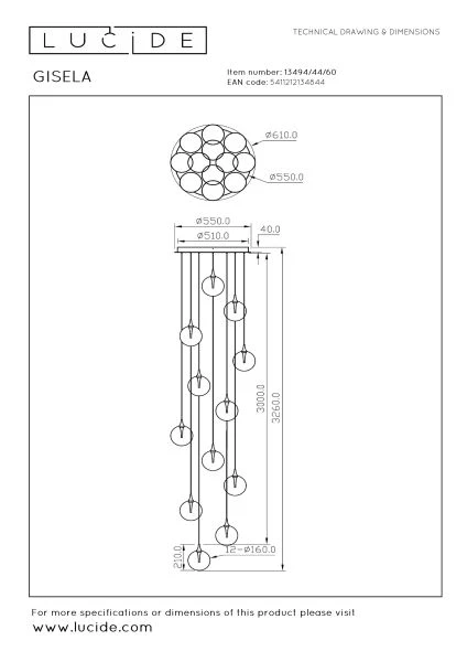 Lucide Premium GISELA - Pendant light - Ø 61 cm - LED Dim. - 12x3,5W 2700K - Transparant - technical